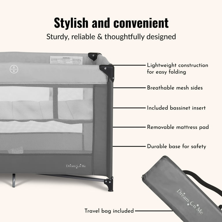 Dream on Me Zazzy Portable Play yard with Bassinet, Gray, Unisex