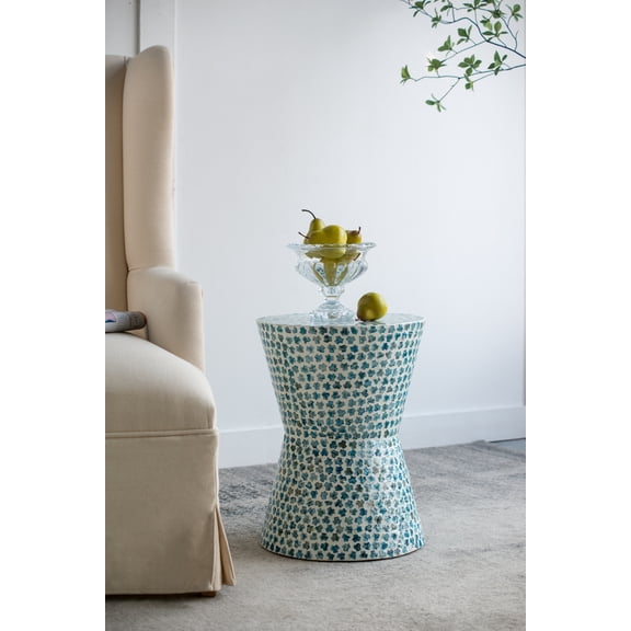 D14x20" Tapered Round Garden Accent Stool, Capiz Side Table, Blue