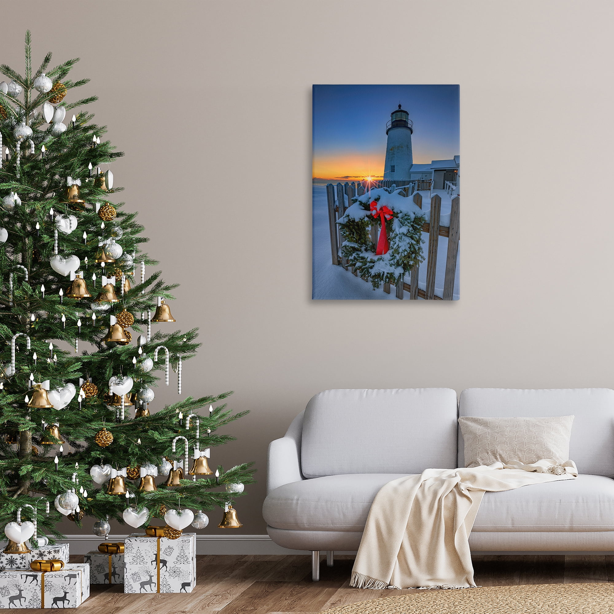 Stupell Industries Christmas Beach Lifehouse Holiday Painting Gallery Wrapped Canvas Art Prints Wall Art, 24 x 36
