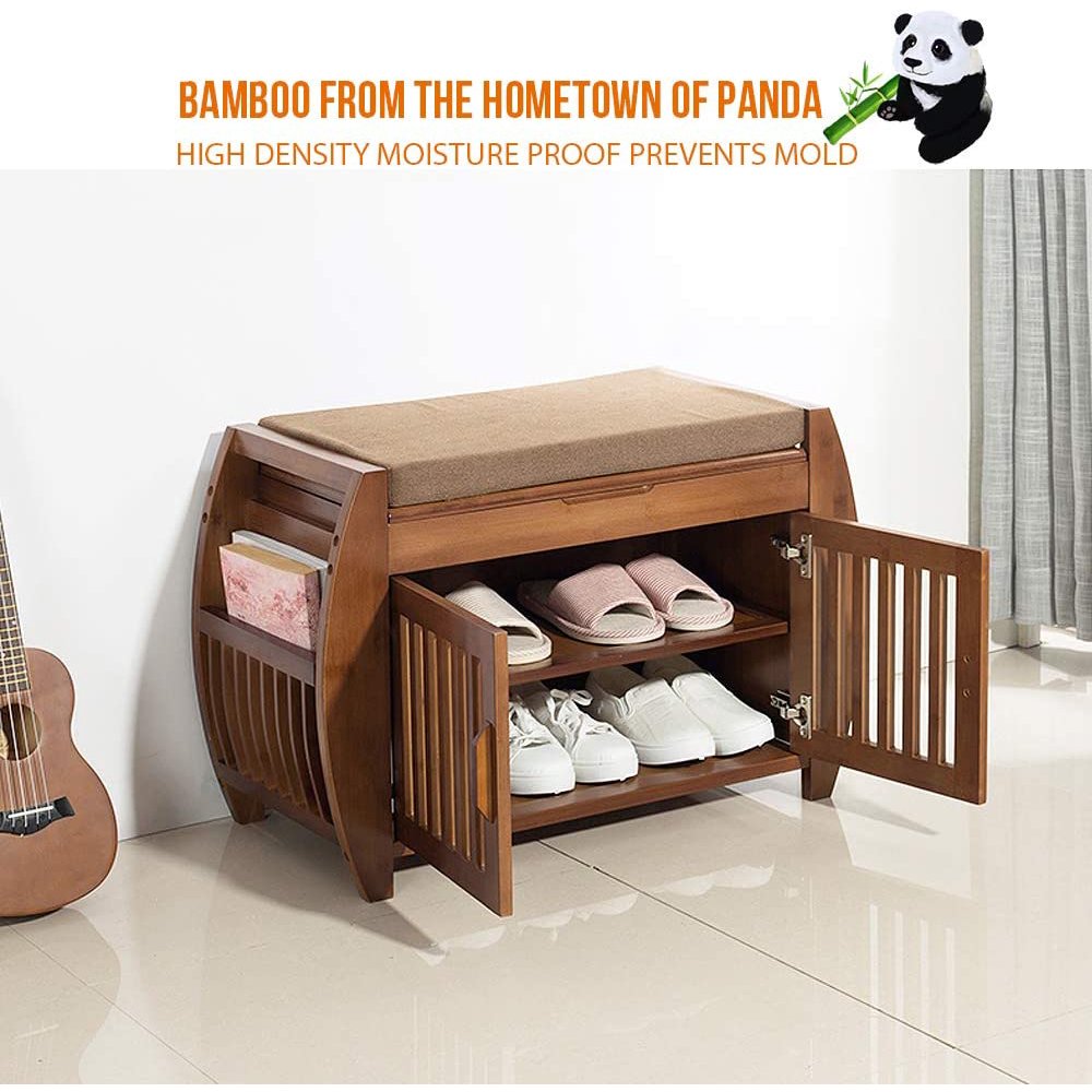 Bamboo Shoe Bench Rack with Removable Cushion, Hidden Storage