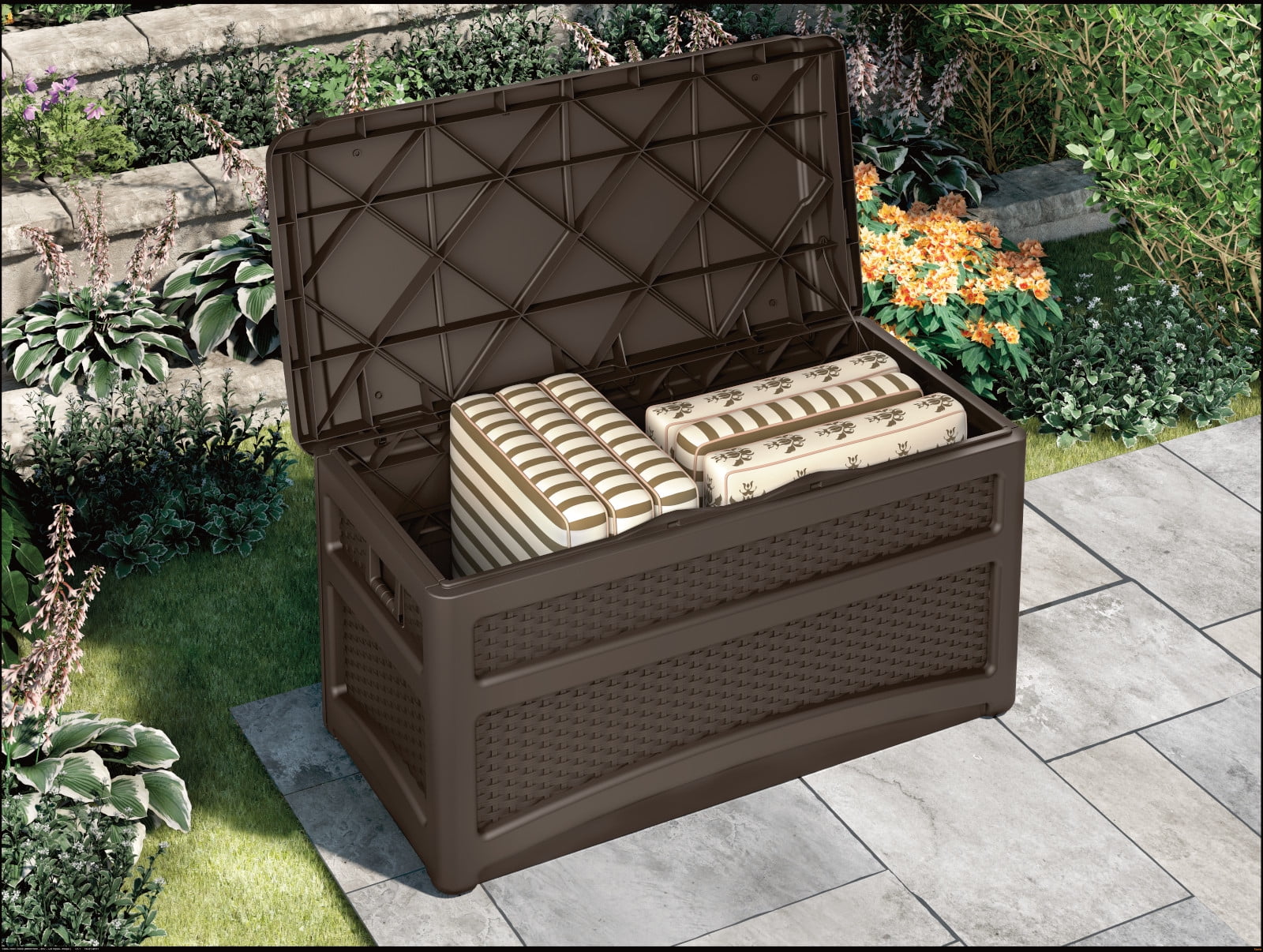 Suncast - Brandclub - Suncast 73-Gal. Weather-Resistant Resin Outdoor Deck  Storage Box and Bench, Java, image size:1600x1206