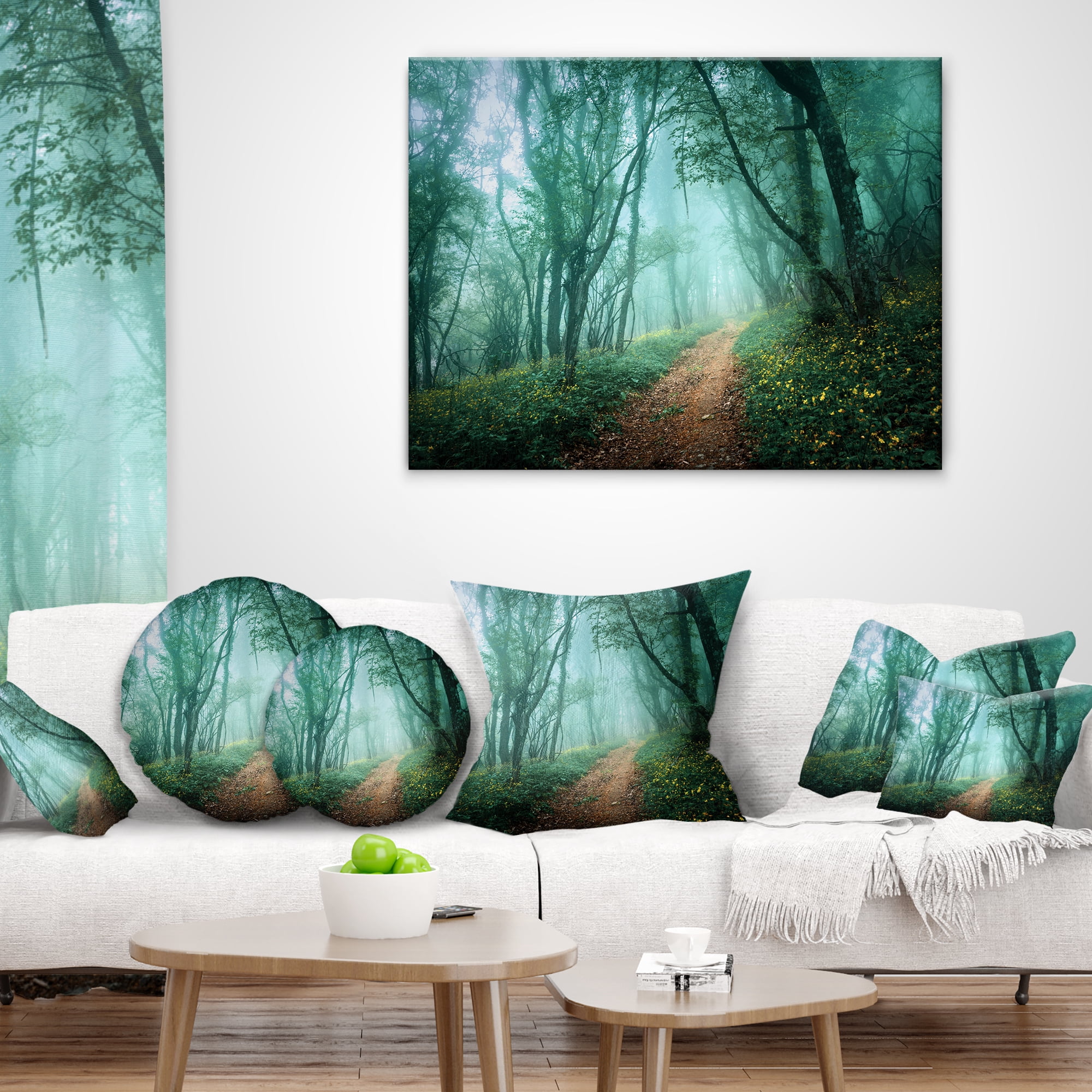 Designart Light Green Mystical Fall Forest - Landscape Photography Throw Pillow - 18x18