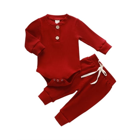 

Karuedoo Baby Boys Girls Casual Ribbed Knitted Bodysuits Tops Pants Outfits