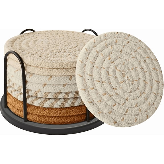 FORICOM Drink Coasters Set of 8 pieces with Holder, Minimalist Cotton Woven Absorbent Coaster Setfor Coffee Table, Wooden Table Decor, Home Decor, 4.3 Inches