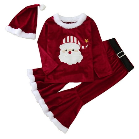 

Baby Christmas Outfit Toddler Kids Suit Patchwork O Neck Pullover Tops Pants Hat 3Pcs Set