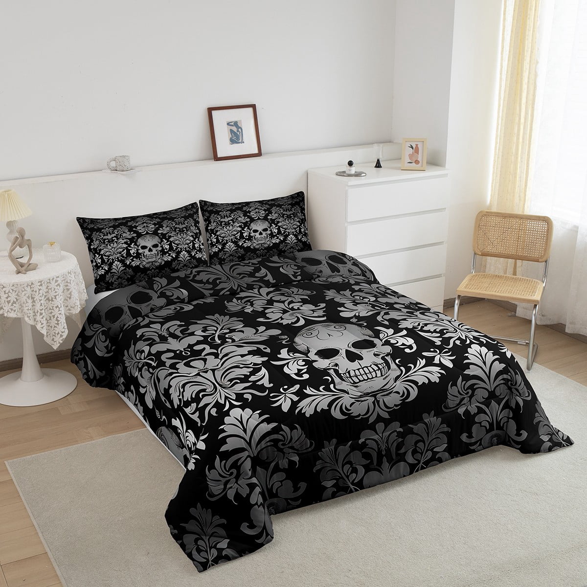 Adults Gray Damask Bedding Set Antique Victorian Baroque Comforter Set Queen Size,Gothic Vintage Floral Quilt Exotic Sugar Skull Duvet Insert,Gothic Bone Skeleton Bohemian Decor,Black