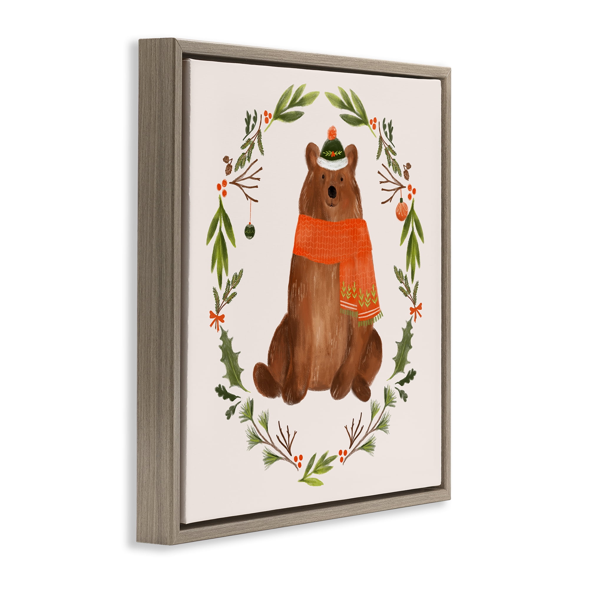 Stupell Industries Holiday Bear Wreaf Holiday Painting Brown Floater Framed Canvas Art Prints Wall Art, 18 x 18