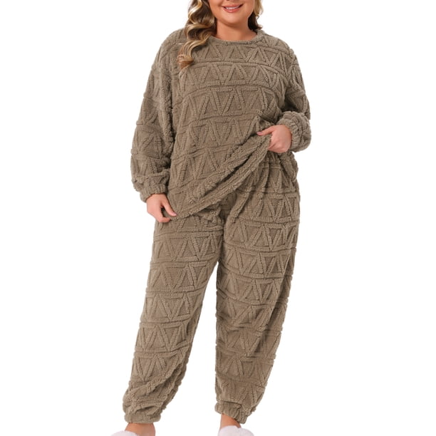 Conjuntos de pijama de forro polar de talla grande para mujeres Agnes Orinda, pijamas suaves de manga larga, ropa de casa esponjosa, loungewear 3X Café