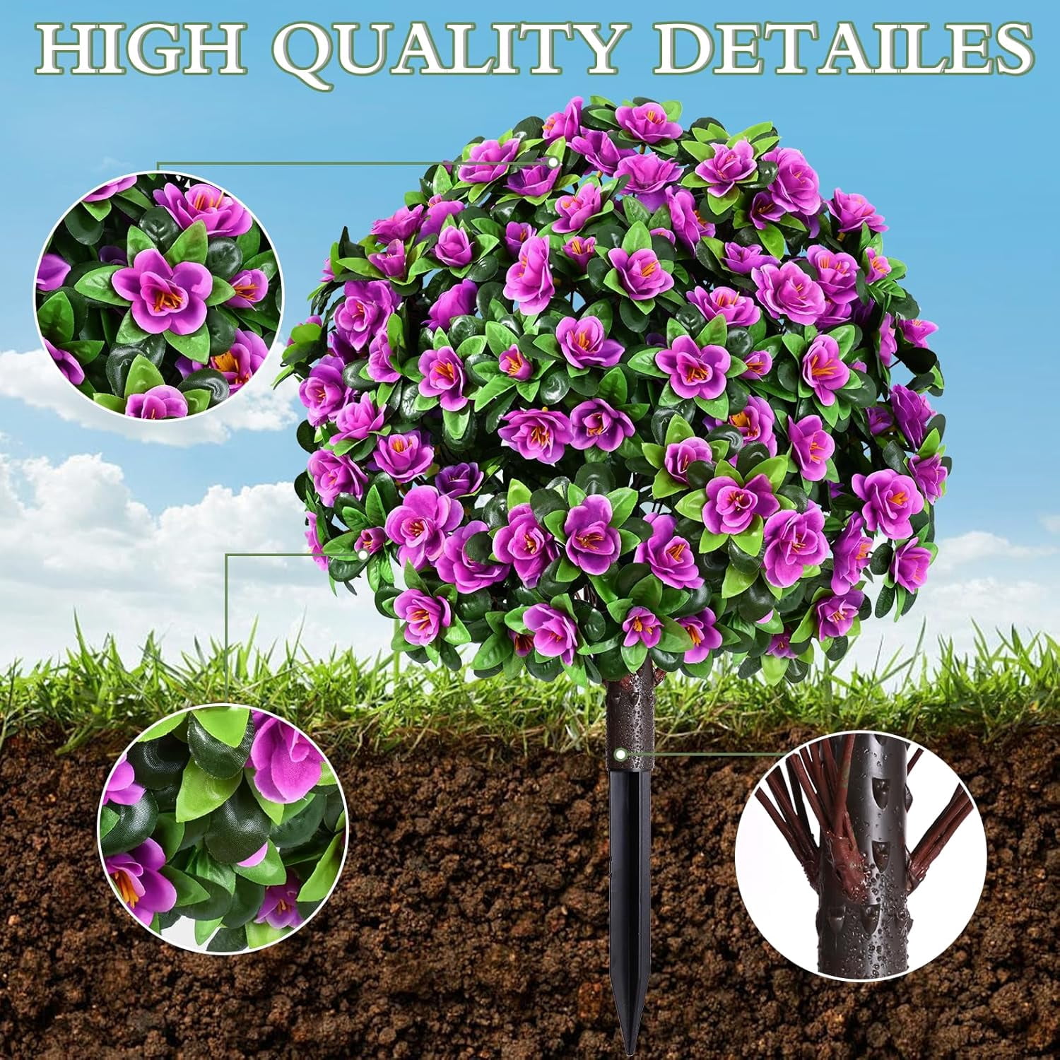 Yastouay 2 Pack Artificial Flowers Topiary with Ground Spikes Fake Bushes UV Resistant Faux Shrubs for Outdoor Garden Decor(Purple)