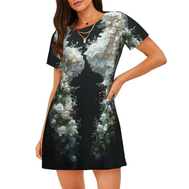 Easygdp Floral Angelic White Wings Camisón de manga corta para mujer, informal, estampado