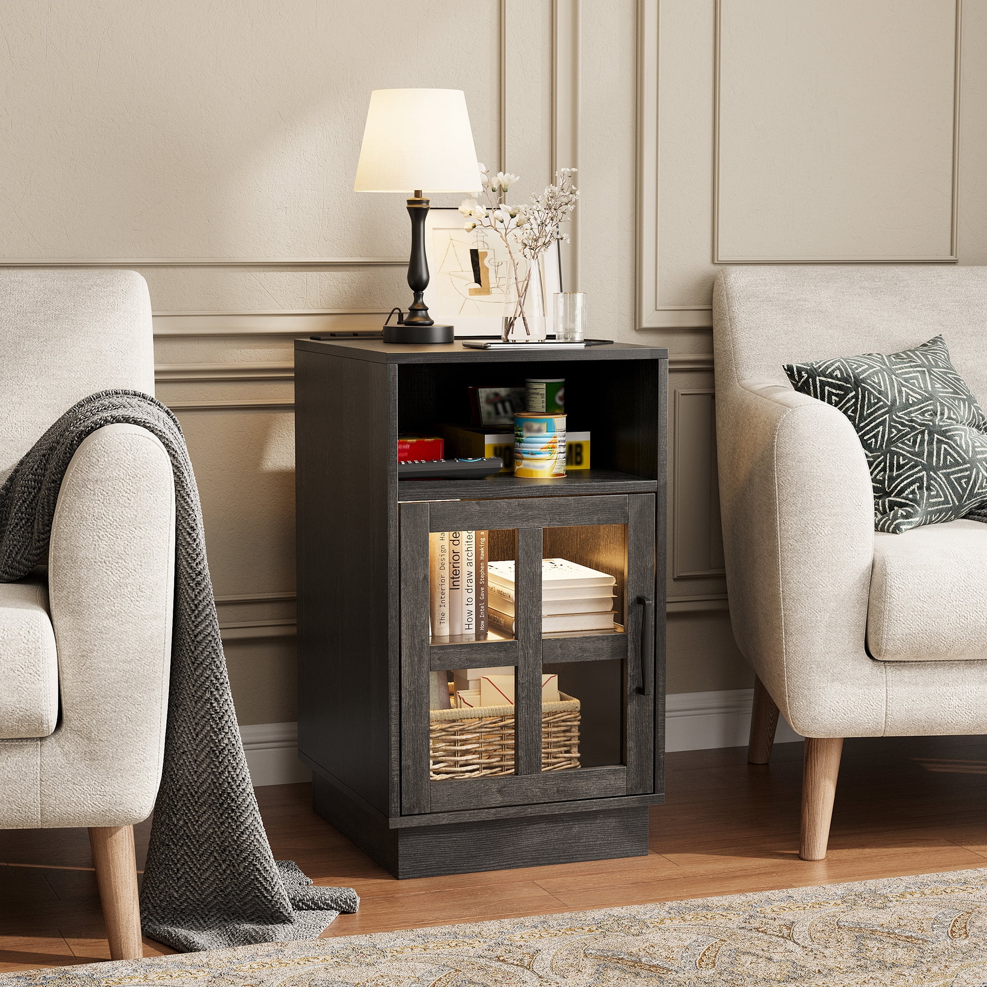 VEANERWOOD End Tables for Living Room with Charging Station & LED Light, Nightstand for Bedroom with Glass Door and Adjustable Shelf, Black