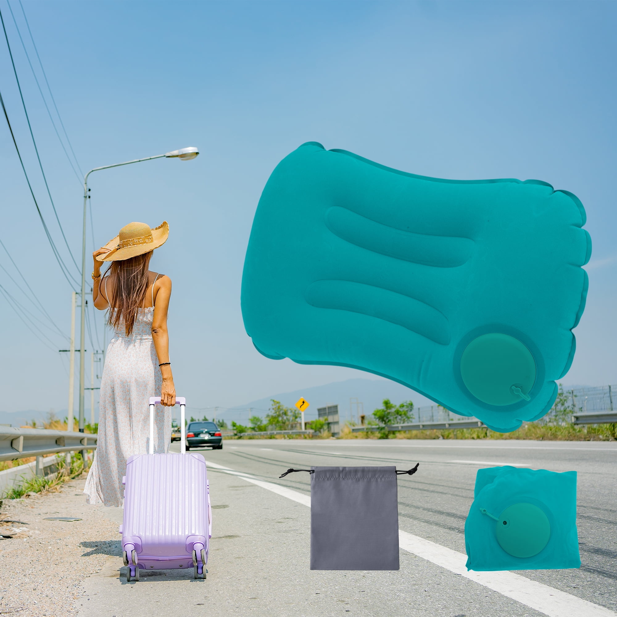 Unique Bargains Travel Pillow Press to Inflate Neck Pillow Peacock Green 19.29"x12.6"