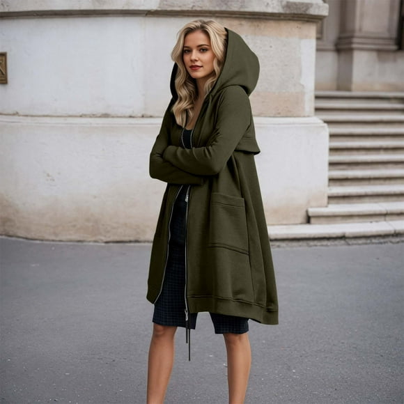 Women's Jackets Long Hooded Zipper Jacket Casual Design with Pockets for Fall Fashion