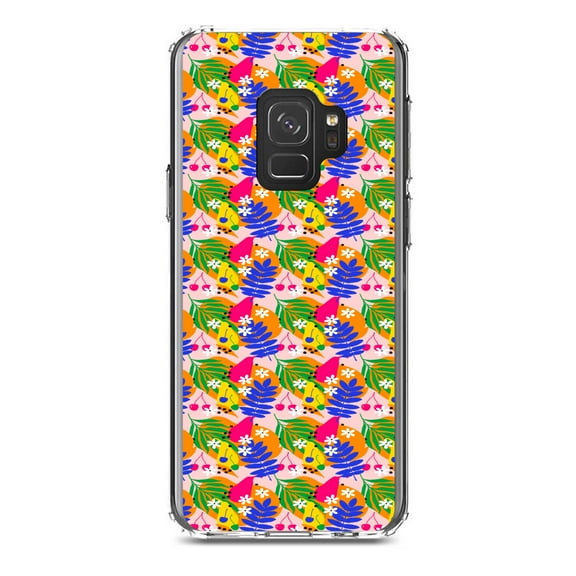 DistinctInk Clear Shockproof Hybrid Case for Samsung Galaxy S9 (5.8" Screen) - TPU Bumper, Acrylic Back, Tempered Glass Screen Protector - Summer Vibes Floral Pattern Blue Orange Pink