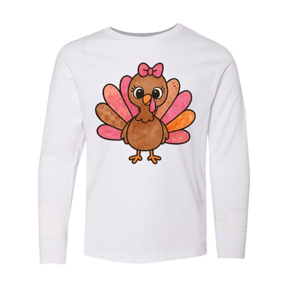 Inktastic Cute Turkey with Pink Bow Thanksgiving Design Long Sleeve Youth T-Shirt