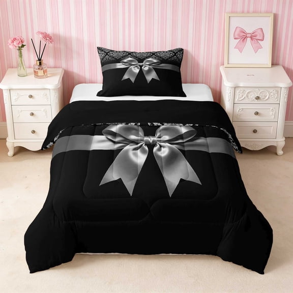 Erosebridal Damask Pattern Satin Bow Twin Comforter Sets for Girls, Elegant Floral Brocade Vintage Bedding Set, Black Reversible 2 Pieces 1 Comforter and 1 Pillowcase