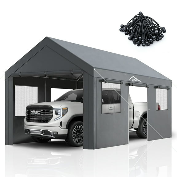 Acepic Carport 10x20ft Heavy Duty Carport Features Roll-up Windows & Doors, Portable Garage with UV Resistant Waterproof All-Season Tarp for Car, Truck, Boat