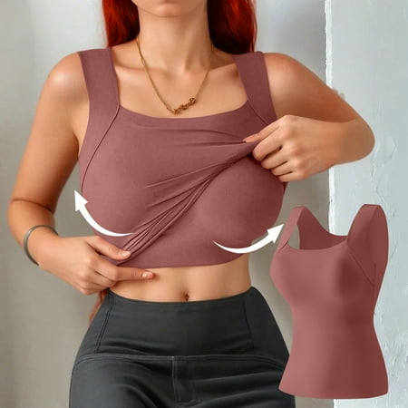 Tank Tops for Women Built In Bra Scoop Neck Tummy Control Tank Ribbed Sports Body Shaper Soft Racerback Shapewear Red L