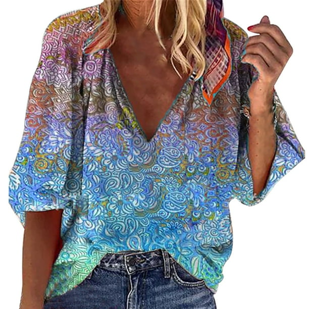 Camiseta de manga larga informal suelta con cuello en V para mujer a la moda Pompotops gfhjh5409