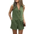 thumbnail image 3 of Women'S Summer 2 Piece Outfits Sleeveless Sets Button Down V Neck Vest Waistcoat and Pockets Shorts Army Green S, 3 of 9