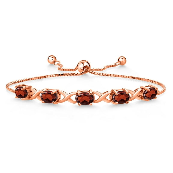 Gem Stone King 18K Rose Gold Plated Silver Red Garnet Bracelet for Women (4.35 Cttw, Gemstone January Birthstone, Oval 7X5MM, Fully Adjustable up to 9 inches)