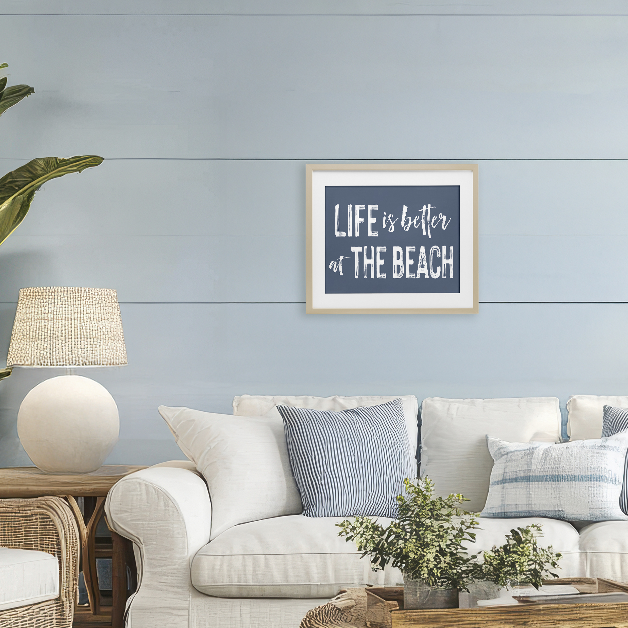 Life Better At Beach Blue Birch Framed Print Under Glass, design by Lettered and Lined