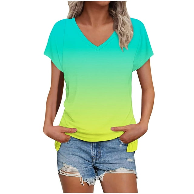 Plebaso T-Shirts Dégradés pour Femmes Tunique Décontractée Col en V Manches Courtes Mode Blouses