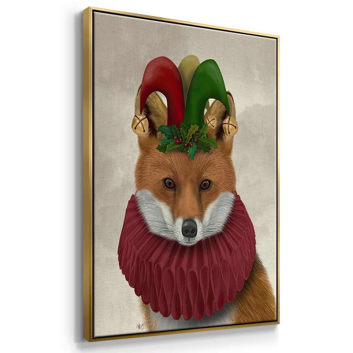 Christmas Foxy Christmas Fool - Framed Gallery Wrapped Holiday Canvas - 27 x 41 - Gold Frame