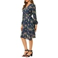 thumbnail image 4 of INSPIRE CHIC Women's Boho Floral V Neck Bishop Sleeve Below The Keen Wrap Dress XL Dark Blue, 4 of 7