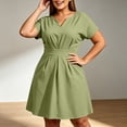 thumbnail image 5 of Karymi Plus Size Notch V-Neck A-Line Dress, Short Sleeve Waist Pleated Flare Dress with Pockets, Solid Casual Work Dress Wedding Guest Dresses for Women, 5 of 7