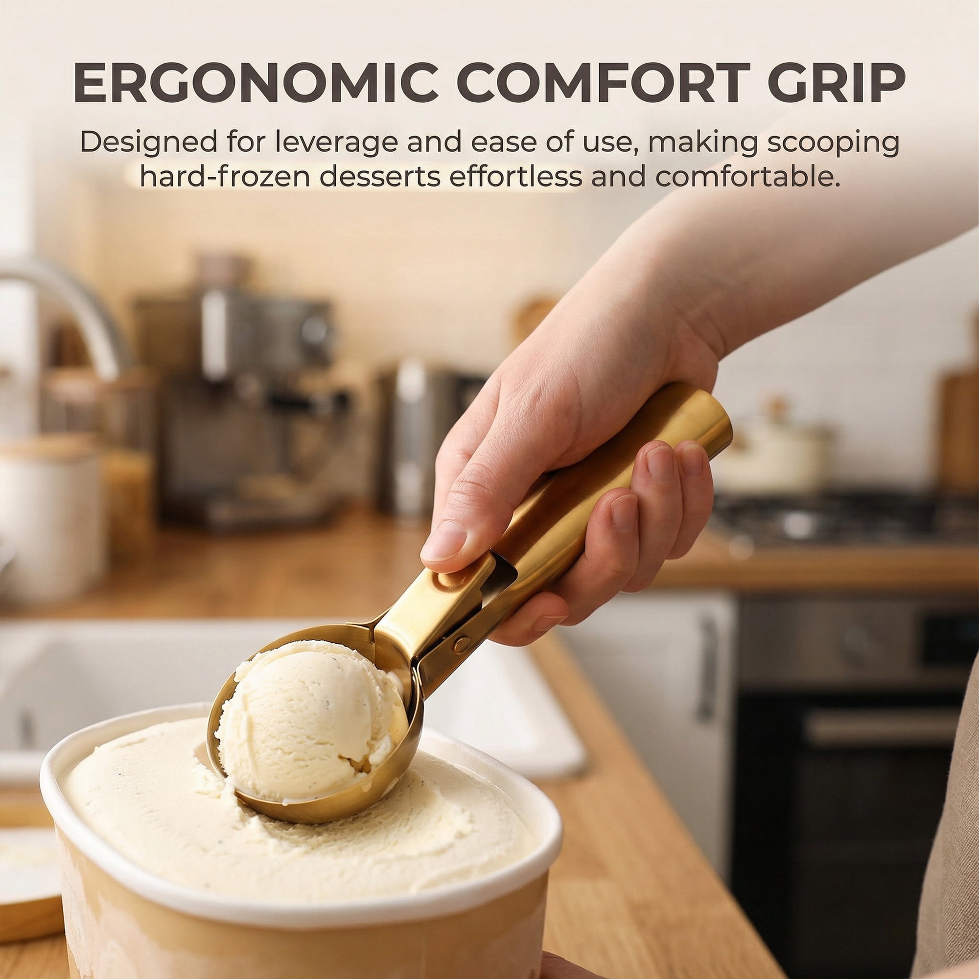 Unique Bargains Stainless Steel Ice Cream Scoop with Durable Handle Gold 7.6in