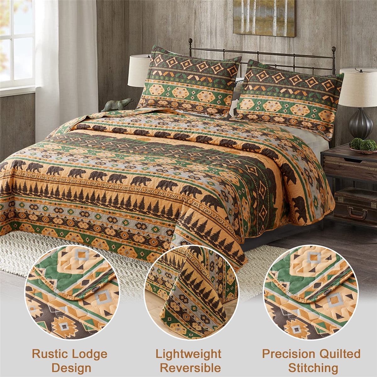 Beartech Quilt Set Queen Size Rustic Forest Bear Pattern Quilt Lightweight Reversible Microfiber Bedspread Coverlet Bedding Set