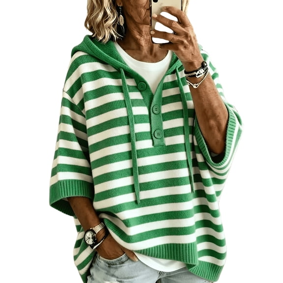 Summer Sweaters for Women Lightweight Striped Hooded Knit Sweater Button Henley Oversized 3/4 Batwing Sleeve Casual Pullover
