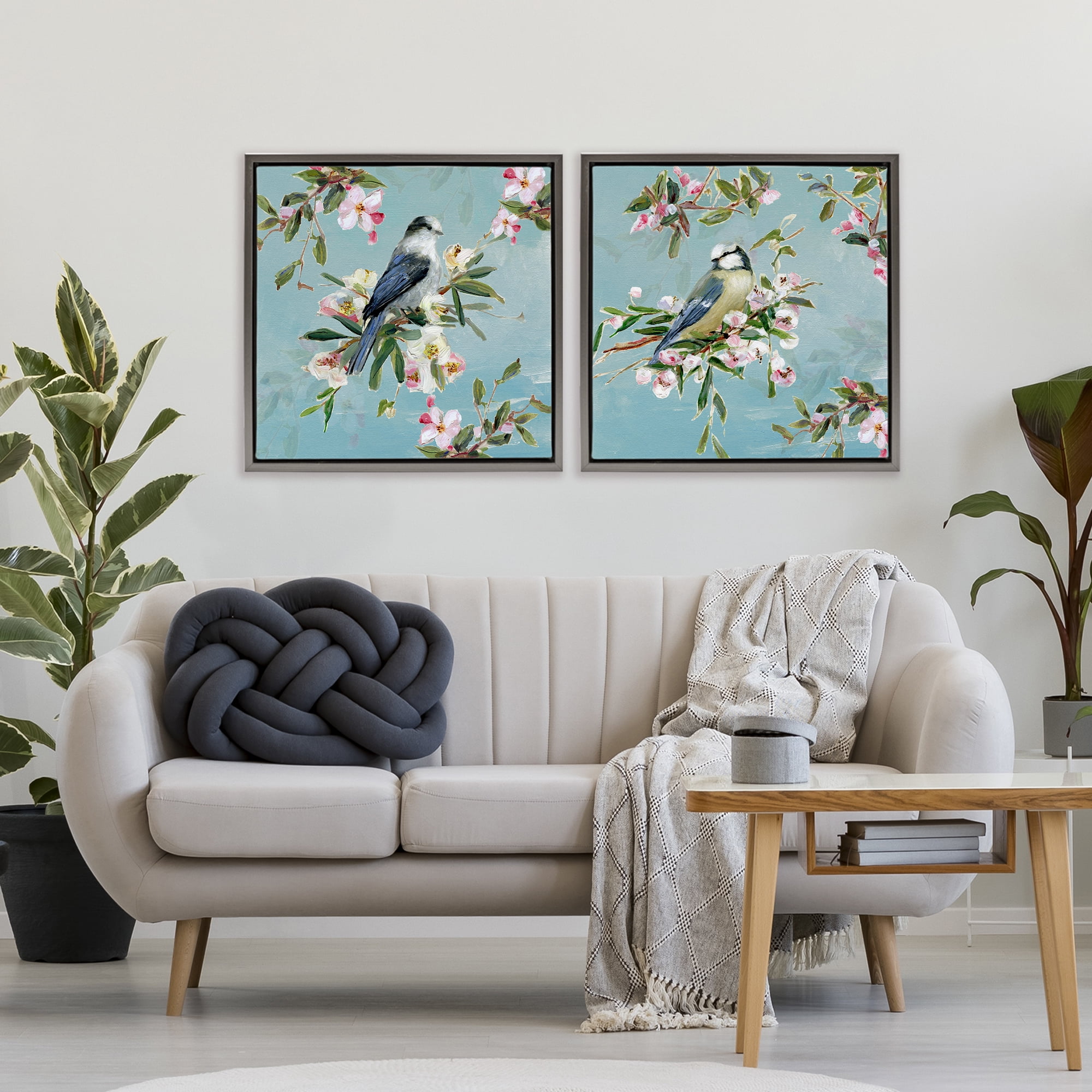 Stupell Industries Songbirds Among Spring Blossoms 2 Piece Gray Framed Floater Canvas Set, design by Sally Swatland