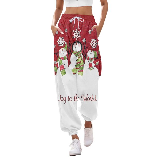 Pantalones deportivos Gibobby Pantalones de jogging informales para mujer estampado navideño Rojo L