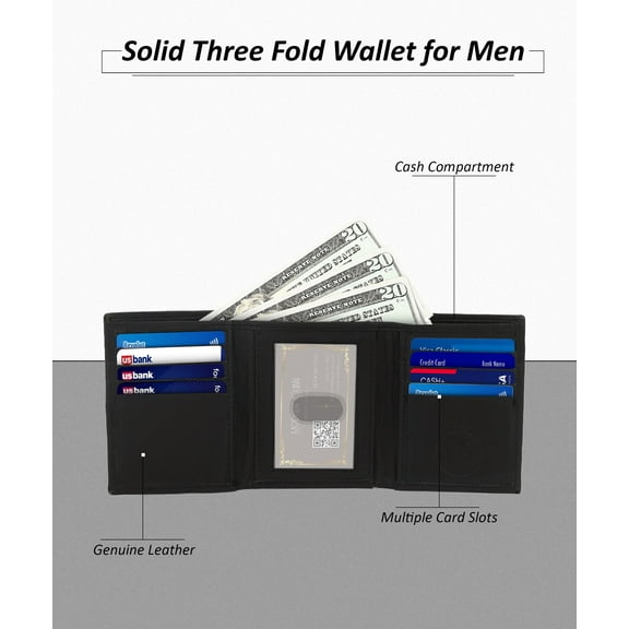 Genuine Leather Slim Trifold Wallet for Men with ID Window and RFID Blocking, Black