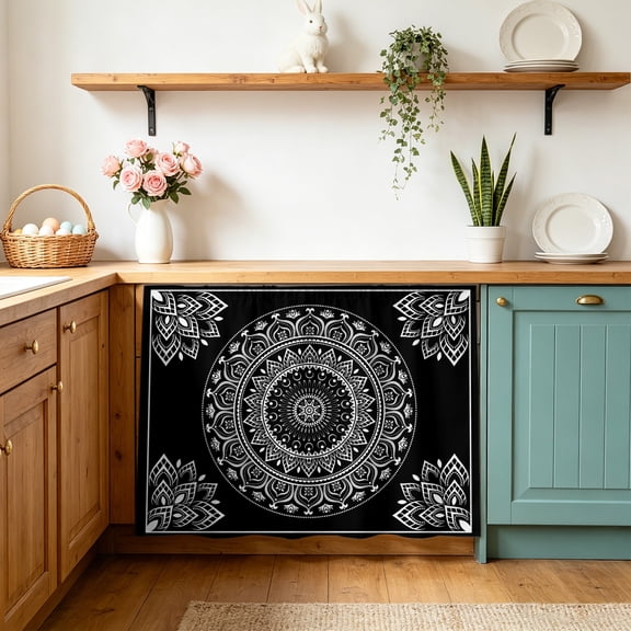 Black Boho Small Sink Skirt 10"Wx11"L,Dustproof Under Sink Curtain with Self Adhesive Tape,Retro Farmhouse Neutral Abstract Geometric Cabinet Curtain Cover for Bathroom Vanity,Kitchen Storage Shelf