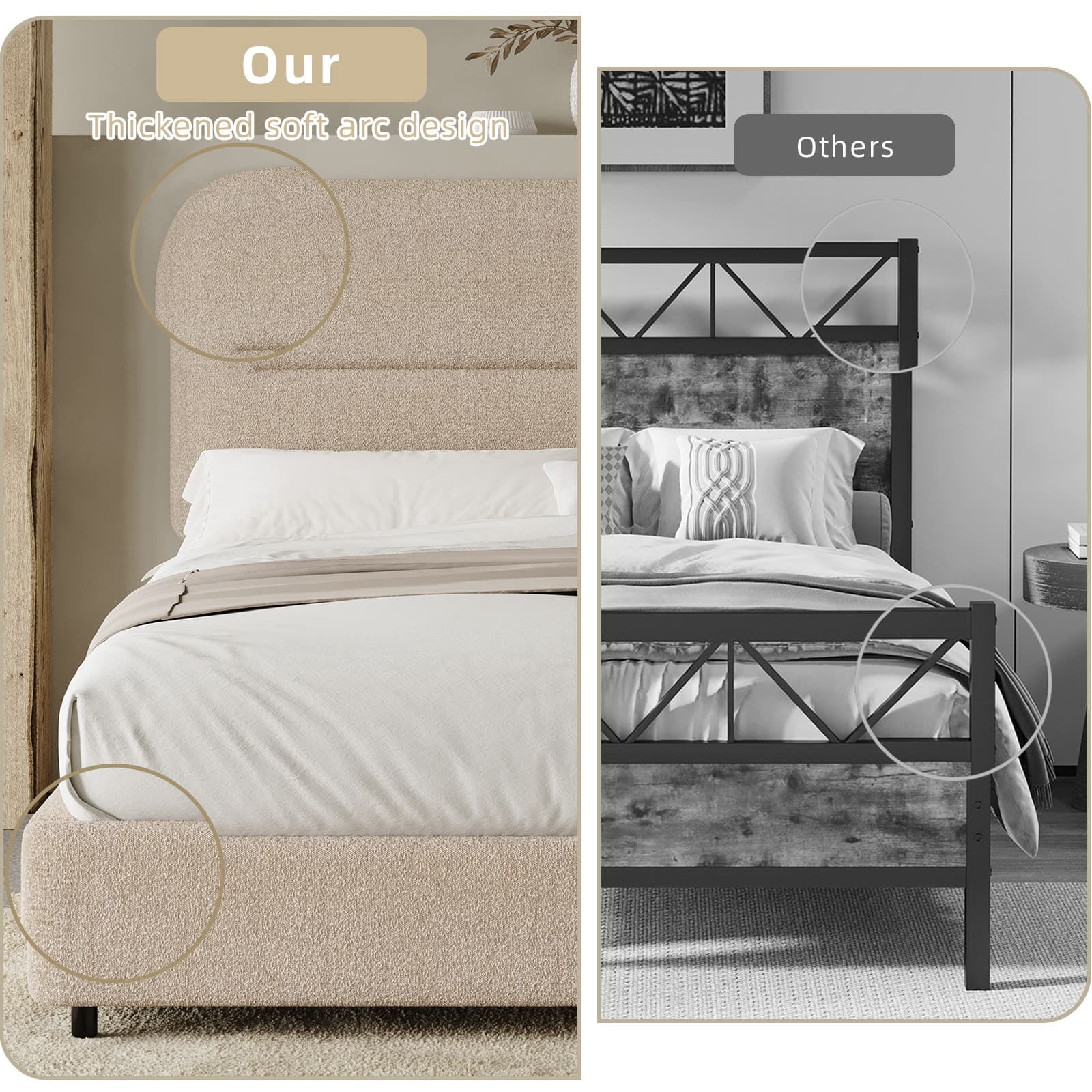 4 EVER WINNER Queen Bed Frame with Headboard, Boucle Upholstered Platform Bed Frame, Luxurious Soft Rounded Corners, No Box Spring Required, Non-Slip and Noise-Free, Easy Assembly, Beige