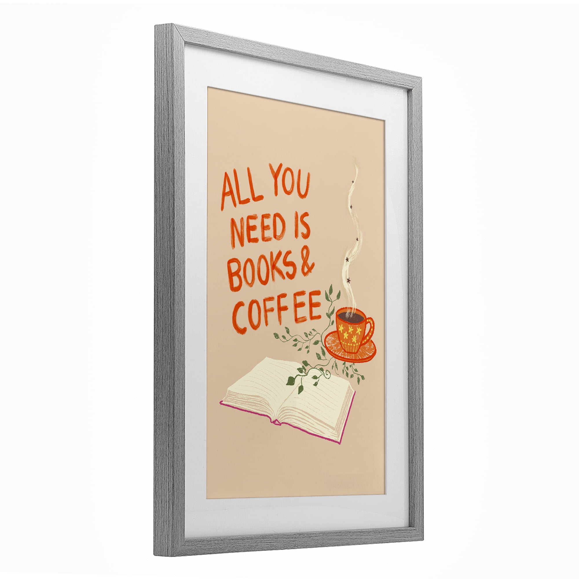 Need Books & Coffee Gray Framed Print Under Glass, design by Florentina Dolci