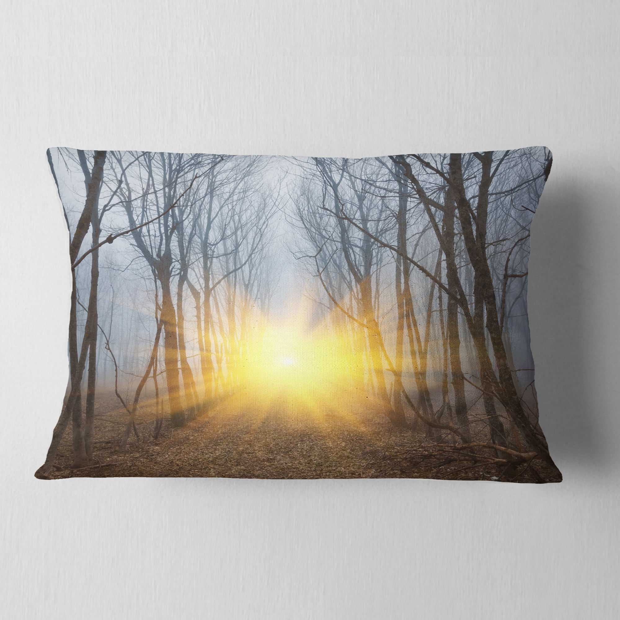 Designart Yellow Sun Rays in Misty Forest - Landscape Photography Throw Pillow - 12x20
