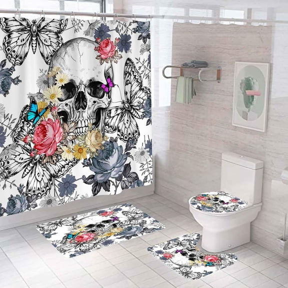 4PCS Sugar Skull Floral Shower Curtain Sets with Rugs, Moth Shower Curtain, Waterproof Fabric Shower Curtain, Gothic Goth Spooky Skeleton Blossom Peony Butterfly Grey Flower Bathroom Decor