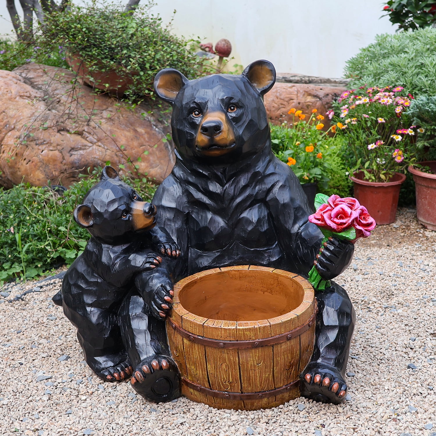 Outdoor Garden Bear Flower Pot Planter, Unique Yard Statue for Patio, Lawn, Garden, Backyard Landscape Decor, Black