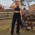 thumbnail image 4 of Defitshape Women's Cargo Jeans Washed Straight Leg Full Length Loose Fit Vintage Fashion Long High Waist Elastic Carpenter Denim Pants Black X-Large, 4 of 5