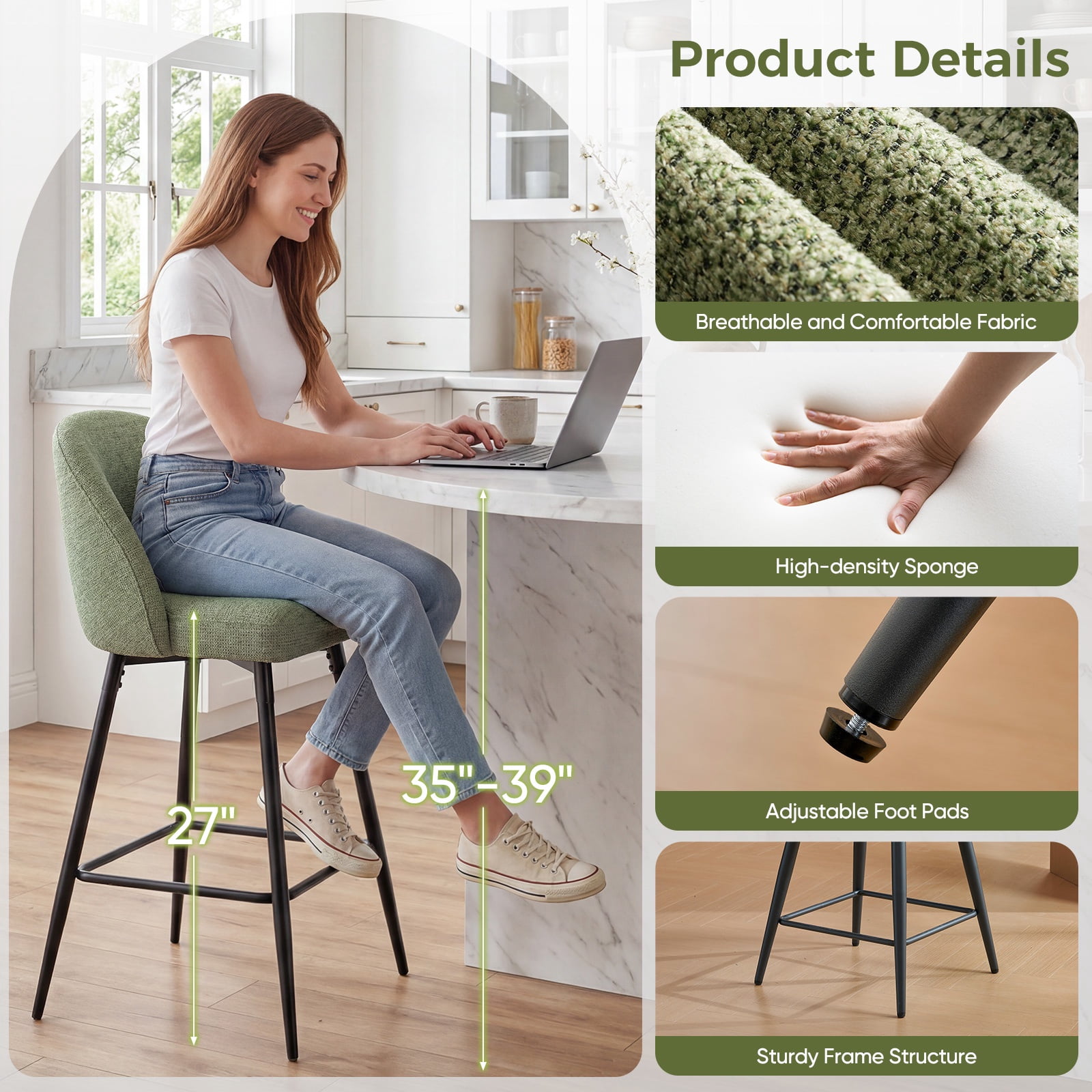 JULY'S SONG Counter Height Bar Stools with Back Sets of 4, 360°Swivel Upholstered Barstools with Metal Legs, 27" Seat Height Bar Stool for Kitchen Island, Green