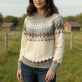 thumbnail image 4 of Stralyhd Women's Sweaters Vintage Knit Fair Isle Sweater Round Neck Casual Fall Clothing 2025 Long Sleeve Boho White Sweater Beige L, 4 of 4