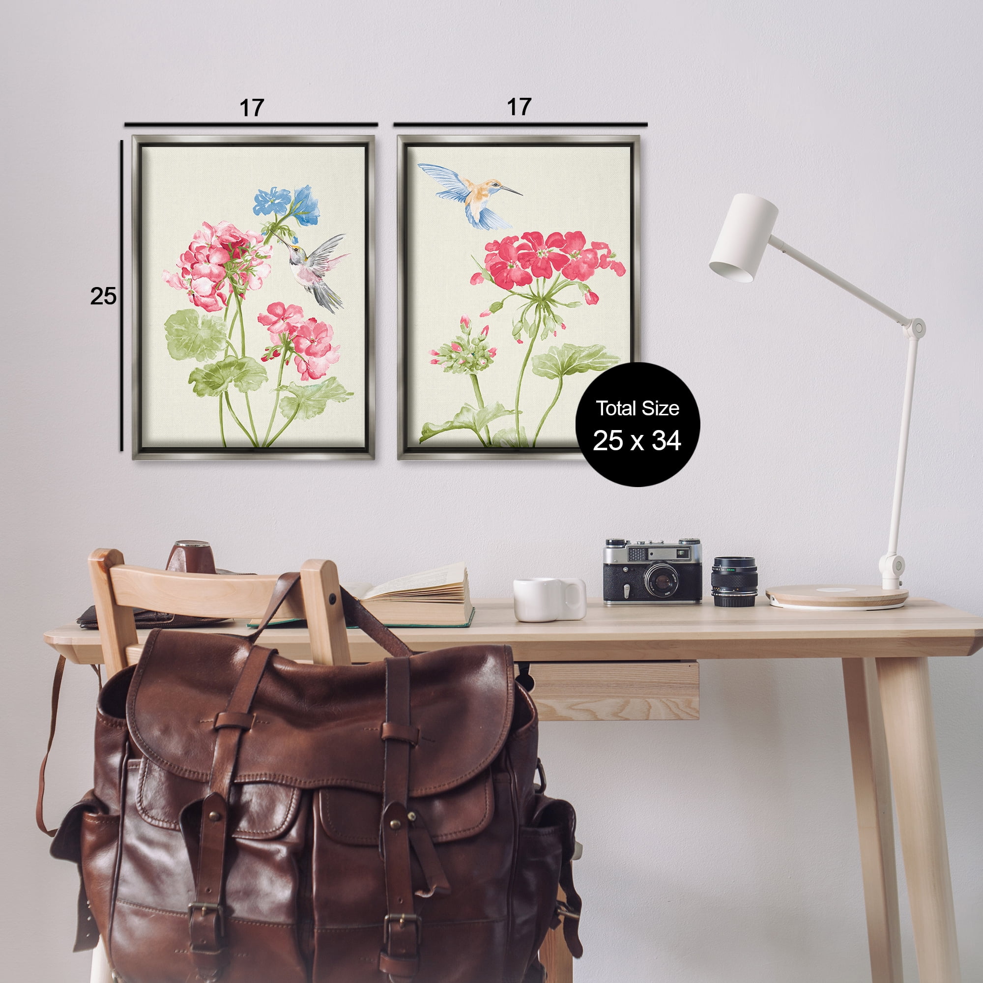 Stupell Industries Pink Geranium Hummingbirds Plants & Flowers Painting Gray Floater Framed Canvas Art Print Wall Art, 17 x 25, Set of 2