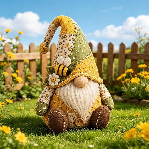 oTemrcloc Gnome Plush Decor Spring Bee Floral Yellow Patchwork Tomte Figurine for Garden Theme Tabletop Shelf Display Home Accent, 10 in
