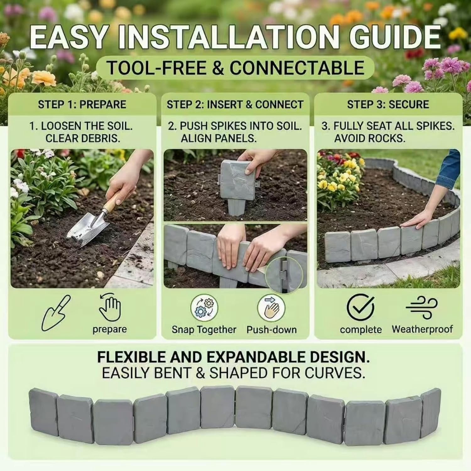 2026 New Plastic Garden Retaining Fence, Stone-Look Lawn Edging Border, No Dig Interlocking Lawn Stakes for Flower Bed, Decorative Outdoor Garden Border Fence for Patio Yard (Gray, 20 Pcs)