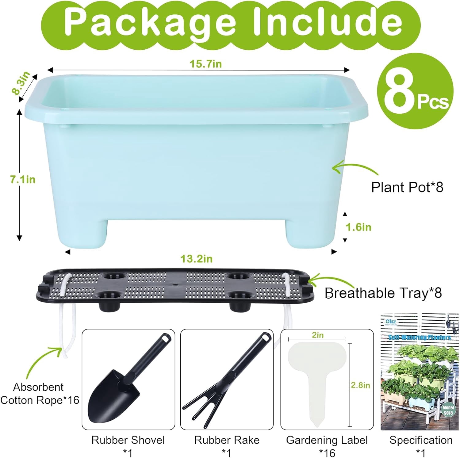 Self-Watering Rectangle Planter Boxes 8-Pack, 15.7-Inch Window Box Planter with Drainage Holes & Trays, Pots for Vegetables, Herbs, Flowers, Garden Windowsill Balcony (Sky Blue)