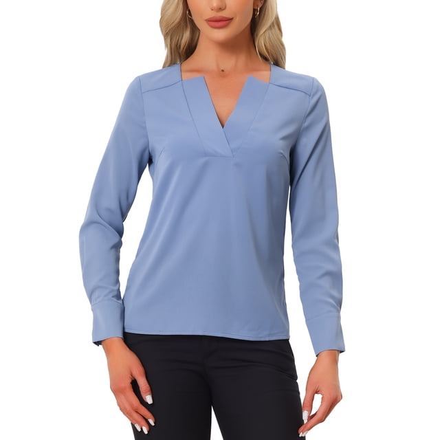 INSPIRE CHIC Blouse de Bureau pour Femmes Manches Longues Col en V Bleu Gris m